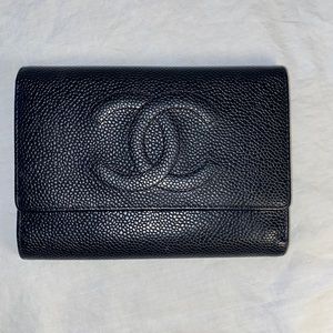 Black fold over CHANEL caviar leather wallet